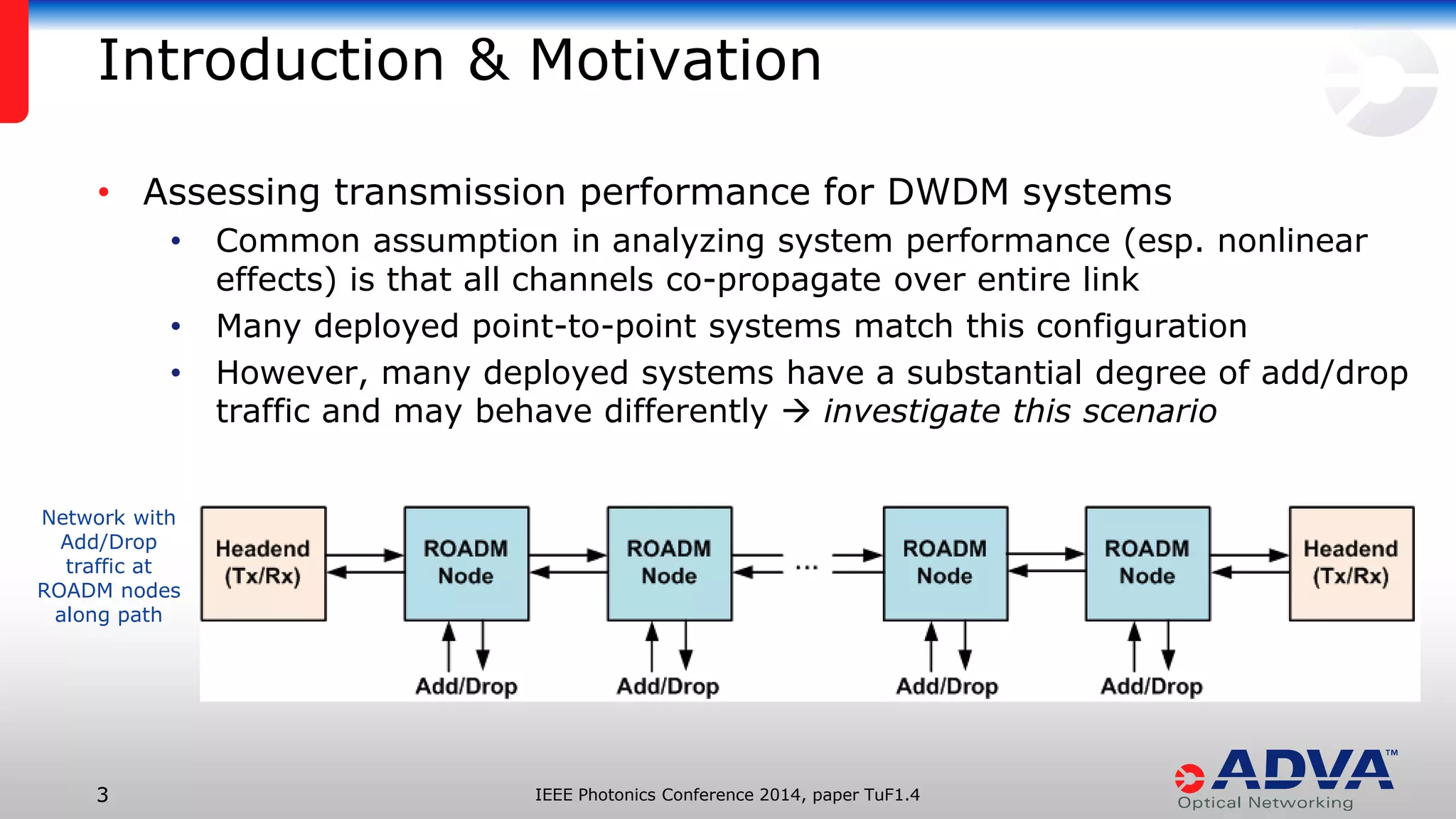 IEEE Photonics Conference 3 2014, paper TuF1.4 
• Assessing transmission performance for DWDM systems 
• Common assumption in analyzing system performance (esp. nonlinear 
effects) is that all channels co-propagate over entire link 
• Many deployed point-to-point systems match this configuration 
• However, many deployed systems have a substantial degree of add/drop 
traffic and may behave differently  investigate this scenario 
Introduction & Motivation 
Network with 
Add/Drop 
traffic at 
ROADM nodes 
along path 
 