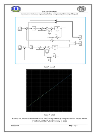 Saif Al-Din Ail Madhi
Department of Mechanical Engineering/ College of Engineering/ University of Baghdad
30/6/2020 12 | P a g e
Fig (9) Model
Fig (10) Error
We note the amount of fluctuation in the error during control by Integrator until it reaches a state
of stability, unlike PI, the processing is quick
 