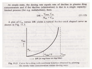 The equation that describes a drug that is eliminated
by both first-order and Michaelis–Menten kinetics
after IV bolus injection is given by
where k is the first-order rate constant representing the
sum of all first-order elimination processes,
(V’maxCp/Km+Cp) = saturable process.
V'max is simply V max expressed as concentration by
dividing by V D.
-dCp/dt= kCp+(V’maxCp/Km+Cp)
19
 