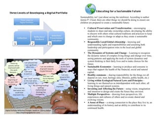 Three Levels of Developing a Digital Portfolio
Educating for a Sustainable Future
Sustainability isn’t just about saving the rainforest. According to author
Jaimie P. Cloud, there are other things we should be doing to ensure our
children are prepared to create a sustainable future:
• Cultural Preservation and Transformation – encouraging
students to share and take ownership culture, developing the ability
to discern with others what cultural traditions and practices to keep
and which ones to change or adapt as they create a sustainable
community.
• Responsible Local/Global citizenship – knowing and
understanding rights and responsibilities and assuming both
leadership and participation roles in the local and global
community
• The Dynamics of Systems and Change – Learning to recognize
the dynamic nature of complex living things and change over time,
seeing patterns and applying the tools of system dynamics and
system thinking in their daily lives and to make choices for the
future.
• Sustainable Economics – learning to produce and consume in
ways that support the health of the financial, social and natural
capital.
• Healthy commons – sharing responsibility for the things we all
depend on (air, trust, heritage sites, libraries, public health, etc.)
• Living within Ecological/Natural Laws and Principles –
learning to see themselves as interdependent with each other, all
living things and natural systems.
• Inventing and Affecting the Future – using vision, imagination
and intention to design and create the future they envision.
• Multiple Perspectives – drawing from perspectives, life
experiences and cultures of others and co-create shared and
evolving visions.
• A Sense of Place – a strong connection to the place they live in, an
understanding of its history and an ability to contribute to its
continued health.
 