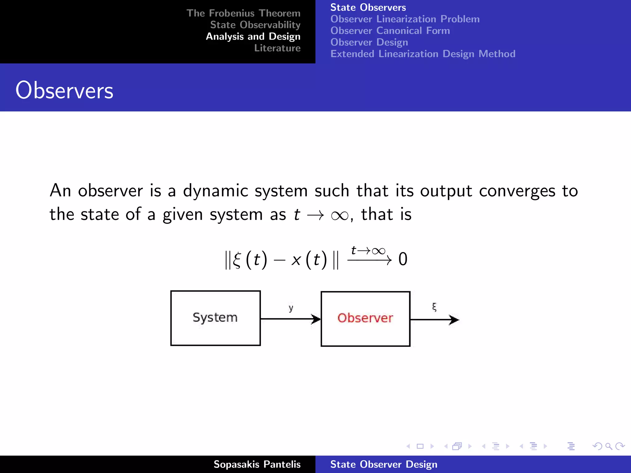 State Observers
                   The Frobenius Theorem
                                             Observer Linearization Problem
                       State Observability
                                             Observer Canonical Form
                      Analysis and Design
                                             Observer Design
                                Literature
                                             Extended Linearization Design Method


Observers


   An observer is a dynamic system such that its output converges to
   the state of a given system as t → ∞, that is
                                                t→∞
                            ξ (t) − x (t) − − 0
                                           −→




                        Sopasakis Pantelis   State Observer Design
 