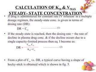 #
CALCULATION OF KM & VMAX
STEADY- STATE CONCENTRATION
• If drug is administered for constant rate IV infusion/ in a multiple
dosage regimen, the steady-state conc. is given in terms of
dosing rate (DR):
DR = Css
• If the steady-state is reached, then the dosing rate = the rate of
decline in plasma drug conc. & if the decline occurs due to a
single capacity-limited process then eq. I become as:
• From a plot of Css vs. DR, a typical curve having a shape of
hocky-stick is obtained which is shown in fig. 5.
……………….. (1)
=
Vmax Css
KM+ Css
DR ……………….. (2)
 