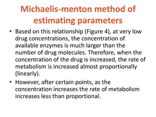 Michaelis-menton method of
estimating parameters
• Based on this relationship (Figure 4), at very low
drug concentrations, the concentration of
available enzymes is much larger than the
number of drug molecules. Therefore, when the
concentration of the drug is increased, the rate of
metabolism is increased almost proportionally
(linearly).
• However, after certain points, as the
concentration increases the rate of metabolism
increases less than proportional.
 