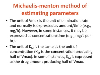 Michaelis-menton method of
estimating parameters
• The unit of Vmax is the unit of elimination rate
and normally is expressed as amount/time (e.g.,
mg/h). However, in some instances, it may be
expressed as concentration/time (e.g., mg/L per
hr).
• The unit of KM is the same as the unit of
concentration (KM is the concentration producing
half of Vmax). In some instances, KM is expressed
as the drug amount producing half of Vmax.
 