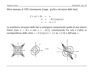 Nonlinear Control                                                 Sliding Mode - Pag. 154


Altro esempio di VSS interessante (rappr. graﬁca nel piano delle fasi):

                       x + ax + bx = u
                       ¨    ˙
                                 u = −K|x|sign(s)
                                 s = cx + x
                                          ˙

Le traiettorie nel piano delle fasi si ottengono componendo quelle di due sistemi
lineari (con u = Kx e con u = −Kx), commutando fra uno e l’altro in
corrispondenza della retta s = 0 (sign(s) = ±1 se s 0) e dell’asse x:




                                      =⇒
 