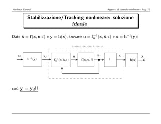 Nonlinear Control                                                   Approcci al controllo nonlineare - Pag. 72


                 Stabilizzazione/Tracking nonlineare: soluzione
                                    ideale

    Date x = f (x, u, t) e y = h(x), trovare u = fu (x, x, t) e x = h−1(y):
         ˙                                        −1
                                                        ˙

                                             LINEARIZZAZIONE IDEALE



        yd               xd                  u                   x
                                                                 ˙                 x                     y
                 h (y)
                   −1
                              fu (x, x, t)
                               −1
                                     ˙             f (x, u, t)                                h(x)
1




    cos` y = yd!!
       ı
 