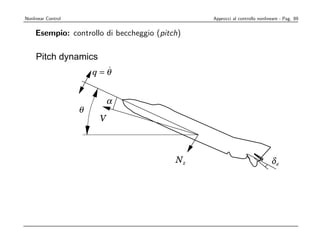  




                                                                                        ¢
Nonlinear Control                          Approcci al controllo nonlineare - Pag. 89


                               Flight Control
    Esempio: controllo di beccheggio (pitch)

     Pitch dynamics
                          ˙
                        q=θ


                             α
                    θ
                         V



                                      Nz                               δe
¡




                                                                                        £
   Lecture 11                    26                                      October 16, 2003
 