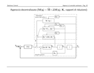 Nonlinear Control                                    Approcci al controllo nonlineare - Pag. 97


    Approccio decentralizzato (M(q) = M+∆M(q), Kr rapporti di riduzione):

                                disturbo
                               (resto del robot..)




            q md +
                         PID
                     -



                               singolo giunto
 
