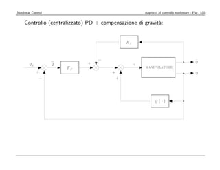 Nonlinear Control INDUSTRIALE
   ROBOTICA                                         Approcci alProf. Bruno SICILIANO 100
                                                                controllo nonlineare - Pag.


    Controllo (centralizzato) PD + compensazione di gravit`:
                                                          a




         ?   dinamica del sistema controllato



       B(q)q + C (q q)q + F q + g(q) = g(q) + KP q KD q
                    _ _     _                    e    _
 