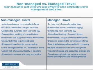 Non-managed vs. Managed Travel
   why consumer web sites are less effective than corporate travel
                    management web sites



Non-managed Travel                                   Managed Travel
•Instant purchase of non-refundable fares            •24 hour void of non-refundable fares
•$75-$150 reissue fee charged by airline             •Reissue fee waived (conditions apply)
•Multiple step purchase from search to buy           •Single step from search to buy
•Decentralized tracking of unused tickets            •Centralized tracking of unused tickets
•Anonymous call support of online reservations       •Personalized support of online reservations
•Discounts limited to published fares                •Discounts expanded to corporate/web fares
•Absence of travel credits to corporation            •Free tickets & upgrades credited to company
•Travel arrangers limited to 2 travelers at a time   •Multiple travelers can be booked together
•Liability risk of unaccountability of travelers     •Travelers tracked and accounted at single site
•Absence of customer advocacy and advice             •Travel agencyl customer advocacy saves
                                                     money and improves the travel experience
 