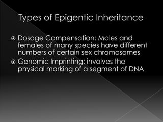  Dosage Compensation: Males and
  females of many species have different
  numbers of certain sex chromosomes
 Genomic Imprinting: involves the
  physical marking of a segment of DNA
 