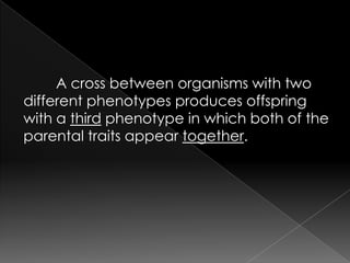A cross between organisms with two
different phenotypes produces offspring
with a third phenotype in which both of the
parental traits appear together.
 