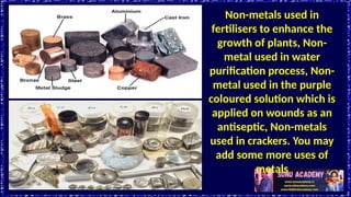 Non-metals used in
fertilisers to enhance the
growth of plants, Non-
metal used in water
purification process, Non-
metal used in the purple
coloured solution which is
applied on wounds as an
antiseptic, Non-metals
used in crackers. You may
add some more uses of
metals
 