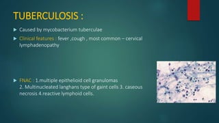 TUBERCULOSIS :
 Caused by mycobacterium tuberculae
 Clinical features : fever ,cough , most common – cervical
lymphadenopathy
 FNAC : 1.multiple epithelioid cell granulomas
2. Multinucleated langhans type of gaint cells 3. caseous
necrosis 4.reactive lymphoid cells.
 