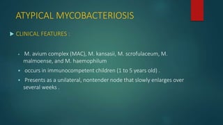 ATYPICAL MYCOBACTERIOSIS
 CLINICAL FEATURES :
 M. avium complex (MAC), M. kansasii, M. scrofulaceum, M.
malmoense, and M. haemophilum
 occurs in immunocompetent children (1 to 5 years old) .
 Presents as a unilateral, nontender node that slowly enlarges over
several weeks .
 