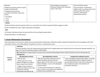 dominant.                                                                         birth the baby is covered by a          from intracellular spaces.
(3) May be acquired: present at adult,                                            thickened collodion-like membrane       (2) Accumulation of cholesterol
usually associated with:                                                          which is then shed.                     sulfate results in persistent cell-to-cell
* Malignancies (lymphoma,                                                                                                 adhesion within the stratum
carcinoma of bronchus, breast and                                                                                         corneum, hindering the
cervix).                                                                                                                  desquamation process
* Sarcoidosis.
* Lupus.
* Drugs.
- Clinical:
(1) Most ichthyoses become apparent either at or around the time of birth. Acquired ichthyosis appears in adult.
(2) Skin resembles fish scales; rough scaly patches and plaques.
- M/P:
(1) Compact, thickened stratum corneum with loss of normal basket weave pattern.
(2) Generally little or no inflammation.


5. Acute Inflammatory Dermatoses:
Acute dermatoses last from days to weeks and are characterized by inflammatory infiltrates (usually composed of lymphocytes and macrophages rather than
neutrophils), edema, and variable degrees of epidermal, vascular, or subcutaneous injury.
                     - Definition:
                     Common disorder of the skin characterized by localized mast cell degranulation and resultant dermal microvascular hyperpermeability. This
                     gives rise to pruritic edematous plaques called wheals.
                      NB: Angioedema is closely related to urticaria and is characterized by deeper edema of both the dermis and the subcutaneous fat.
                     - Pathogenesis:
                           IgE-dependent urticaria                  IgE-independent urticaria                       Complement-mediated urticaria
     Urticaria
                      - Most of cases.                    - May also result from substances that in        - Seen in hereditary angioneurotic edema, caused by
      (Hives)                                             certain individuals directly incite the          an inherited deficiency of C1 inhibitor (results in
                      - Follow exposure to many
                      different antigens (e.g. pollens,   degranulation of mast cells (such as opiates,    uncontrolled activation of the early components of
                      foods, drugs, insect venom).        certain antibiotics, curare, and radiographic    the complement system and production of
                                                          contrast media).                                 vasoactive mediators).
                      - Antigens induce release of
                      vasoactive mediators from mast      - Or may be due to exposure to chemicals
                      cell granules through               (such as aspirin), that suppress prostaglandin
                      sensitization with specific IgE     synthesis from arachidonic acid.
 