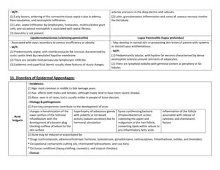 - M/P:                                                                             arteries and veins in the deep dermis and subcutis.
(1) Early lesions, widening of the connective tissue septa is due to edema,        (2) Later, granulomatous inflammation and zones of caseous necrosis involve
fibrin exudation, and neutrophilic infiltration.                                   the fat lobule.
(2) Later, septal infiltration by lymphocytes, histiocytes, multinucleated giant
cells, and occasional eosinophils is associated with septal fibrosis.
(3) Vasculitis is not present.
                 Lipodermatosclerosis (sclerosing panniculitis)                                         Lupus Panniculitis (lupus profundus)
- Associated with stasis secondary to venous insufficiency or obesity.             - May develop in normal skin or preexisting skin lesion of patient with systemic
- M/P:                                                                             or discoid lupus erythematosus.
(1) Predominantly septal, with membranocyctic fat necrosis characterized by        - M/P:
cystic cavitis lined by crenulated hayaline membrane.                              (1) Predominantly lobular, with hyaline fat necrosis characterized by dense
(2) There are variable mild perivascular lymphocytic infiltrate.                   eosinophilic sclerosis around remnants of adipocytes.
(3) Epidermis and superficial dermis usually show features of stasis changes.      (2) There are lymphoid nodules with germinal centers at periphery of fat
                                                                                   lobules.


11. Disorders of Epidermal Appendages:
               - Incidences:
               (1) Age: most common in middle to late teenage years.
               (2) Sex: affects both males and females, although males tend to have more severe disease.
               (3) Race: seen in all races, but is usually milder in people of Asian descent.
               - Etiology & pathogenesis:
               (1) Four key components contribute to the development of acne:
                changes in keratinization of the     hypertrophy of sebaceous glands     lipase-synthesizing bacteria        inflammation of the follicle
  Acne          lower portion of the follicular      with puberty or increased           (Propionibacterium acnes)           associated with release of
 Vulgaris       infundibulum with the                activity (sebum secretion) due to   colonizing the upper and            cytotoxic and chemotactic
                development of a keratin plug        hormonal stimulation                midportion of the hair follicle,    factors
                blocking outflow of sebum to the                                         converting lipids within sebum to
                skin surface                                                             pro-inflammatory fatty acids
               (2) Acne may be induced or exacerbated by:
               * Drugs (corticosteroids, adrenocorticotropic hormone, testosterone, gonadotropins, contraceptives, trimethadione, iodides, and bromides).
               * Occupational contactants (cutting oils, chlorinated hydrocarbons, and coal tars).
               * Occlusive conditions (heavy clothing, cosmetics, and tropical climates).
               - Clinical:
 
