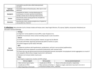 neutrophilic vasculitis (also called leukocytoclastic
                      vasculitis)
     Hydropic         Intracellular edema of keratinocytes, often seen in viral
   degeneration       infections
                      intraepidermal edema, causing splaying apart of
     Spongiosis       keratinocytes in stratum spinosum (resembling a
                      sponge), vesicles due to shearing of desmosomes
                      discontinuity of skin causing partial loss of epidermis
      Erosion
                      (compare to ulceration)
                      discontinuity of skin causing complete loss of epidermis
     Ulceration
                      and possible loss of dermis


3. Infections: Many disorders (such as herpes simplex and herpes zoster, deep fungal infections, TB, Leprosy, Syphilis, and parasitic infestations) are
discussed in General Pathology
                       - Etiology:
                       (1) Organism: human papilloma viruses (HPV), a type of papova virus.
                       (2) Mode of transmission: direct contact (including sexual) or auto-inoculation.
                       - Clinical:
                       (1) Common in children and young adults, however any age may be affected.
                       (2) Usually self-limited, regressing spontaneously within 6 months to 2 years.
                       (3) Confirm diagnosis by PCR: detect HPV DNA.
                       - M/P:
                       (1) Epidermal acanthosis with hyperkeratosis, parakeratosis, and (not in verruca plana) papillomatosis.
       Warts
                       (2) Infected cells show cytoplasmic vacuolization (koilocytosis), with raisinoid nuclei.
     (Verrucae)
                       (3) These cells may also demonstrate prominent keratohyaline granules (eosinophilic intracytoplasmic keratin aggregates) as a result of
                       viral cytopathic effects (these changes may be lost in old lesions).
                       (4) Nuclear viral inclusion bodies may be seen.
                       - Types:
                       based largely on appearance, location and HPV subtype
                                   Verruca vulgaris                      Verruca plana                              Verruca plantaris/palmaris
                        - Most common type of warts.              - Usually due to HPV10.         - Occur on the soles and palms, respectively.
                        - Usually due to HPV2.                    - Most common on the face       - Appear as rough, scaly lesions may reach 1 to 2 cm in
                        - Most frequently on the hands            or the dorsal surfaces of the   diameter.
 