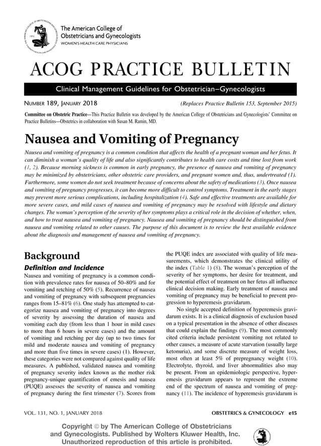 Non nghen trong thai ky nausea and vomiting of pregnancy ACOG