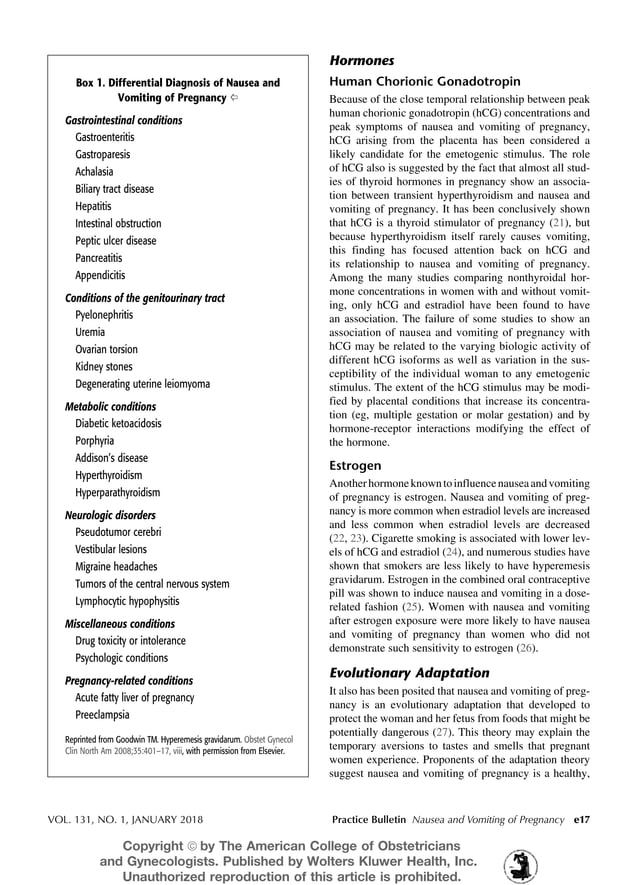 Non nghen trong thai ky nausea and vomiting of pregnancy ACOG
