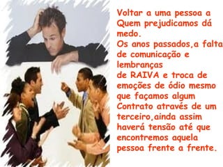 Voltar a uma pessoa a
Quem prejudicamos dá
medo.
Os anos passados,a falta
de comunicação e
lembranças
de RAIVA e troca de
emoções de ódio mesmo
que façamos algum
Contrato através de um
terceiro,ainda assim
haverá tensão até que
encontremos aquela
pessoa frente a frente.
 