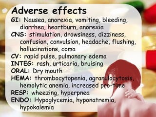 Adverse effects
GI: Nausea, anorexia, vomiting, bleeding,
diarrhea, heartburn, anorexia
CNS: stimulation, drowsiness, dizziness,
confusion, convulsion, headache, flushing,
hallucinations, coma
CV: rapid pulse, pulmonary edema
INTEG: rash, urticaria, bruising
ORAL: Dry mouth
HEMA: thrombocytopenia, agranulocytosis,
hemolytic anemia, increased pro-time
RESP: wheezing, hyperpnea
ENDO: Hypoglycemia, hyponatremia,
hypokalemia
 