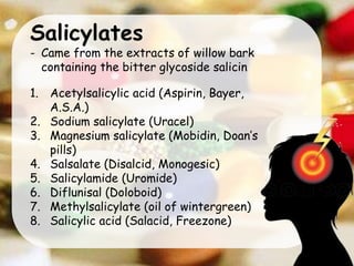 Salicylates
- Came from the extracts of willow bark
containing the bitter glycoside salicin
1. Acetylsalicylic acid (Aspirin, Bayer,
A.S.A.)
2. Sodium salicylate (Uracel)
3. Magnesium salicylate (Mobidin, Doan’s
pills)
4. Salsalate (Disalcid, Monogesic)
5. Salicylamide (Uromide)
6. Diflunisal (Doloboid)
7. Methylsalicylate (oil of wintergreen)
8. Salicylic acid (Salacid, Freezone)
 