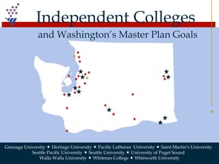 Gonzaga University    Heritage University    Pacific Lutheran  University    Saint Martin’s University  Seattle Pacific University    Seattle University    University of Puget Sound  Walla Walla University    Whitman College    Whitworth University Independent Colleges  and Washington’s Master Plan Goals 