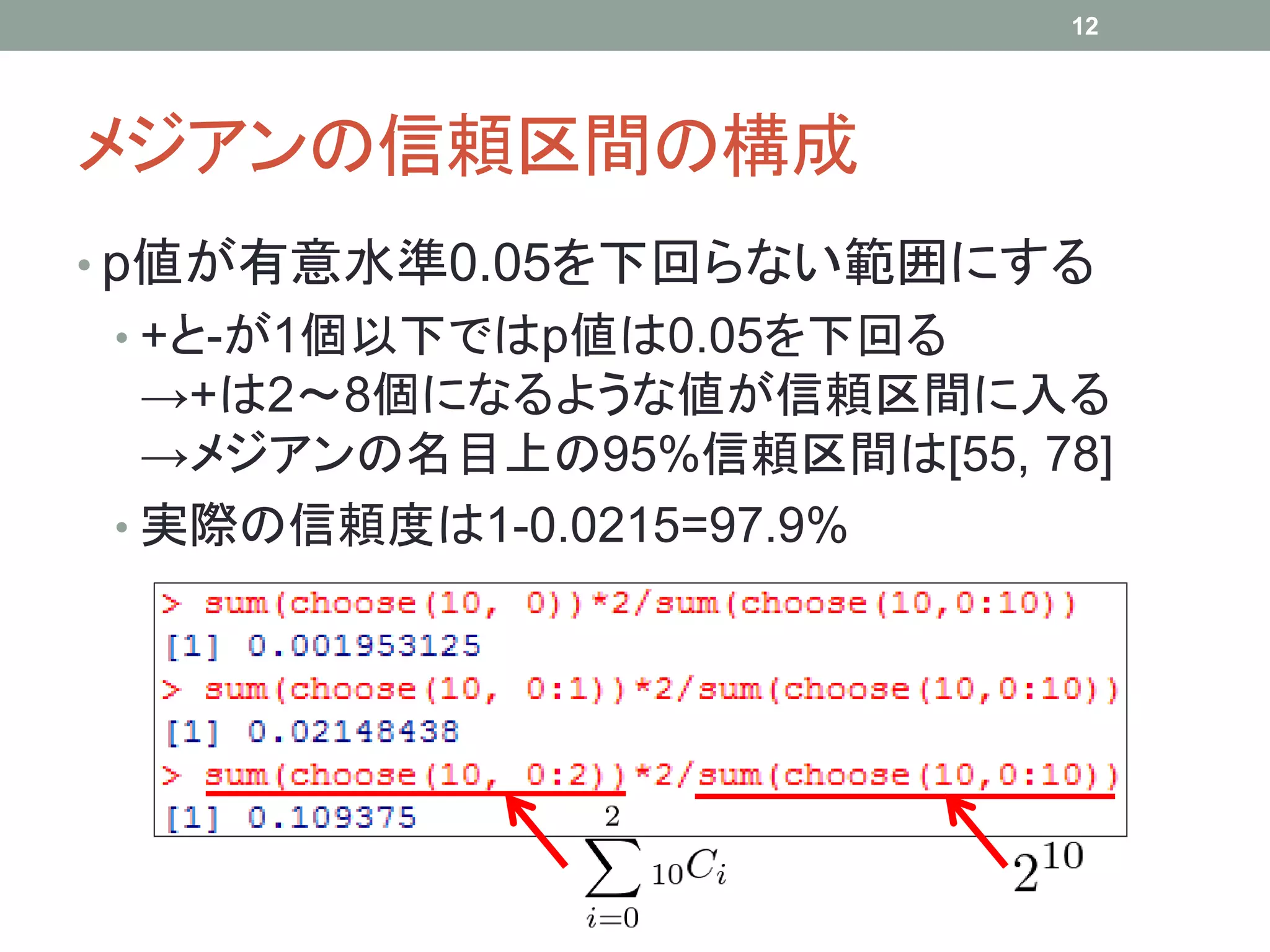 メジアンの信頼区間の構成
• p値が有意水準0.05を下回らない範囲にする
• +と-が1個以下ではp値は0.05を下回る
→+は2～8個になるような値が信頼区間に入る
→メジアンの名目上の95%信頼区間は[55, 78]
• 実際の信頼度は1-0.0215=97.9%
12
 
