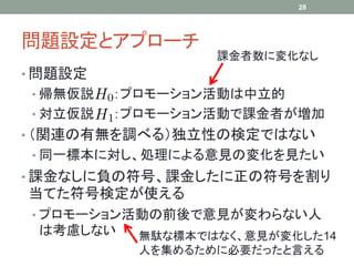 問題設定とアプローチ
• 問題設定
• 帰無仮説 ：プロモーション活動は中立的
• 対立仮説 ：プロモーション活動で課金者が増加
• （関連の有無を調べる）独立性の検定ではない
• 同一標本に対し、処理による意見の変化を見たい
• 課金なしに負の符号、課金したに正の符号を割り
当てた符号検定が使える
• プロモーション活動の前後で意見が変わらない人
は考慮しない
28
課金者数に変化なし
無駄な標本ではなく、意見が変化した14
人を集めるために必要だったと言える
 