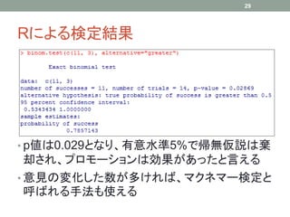 Rによる検定結果
• p値は0.029となり、有意水準5%で帰無仮説は棄
却され、プロモーションは効果があったと言える
• 意見の変化した数が多ければ、マクネマー検定と
呼ばれる手法も使える
29
 