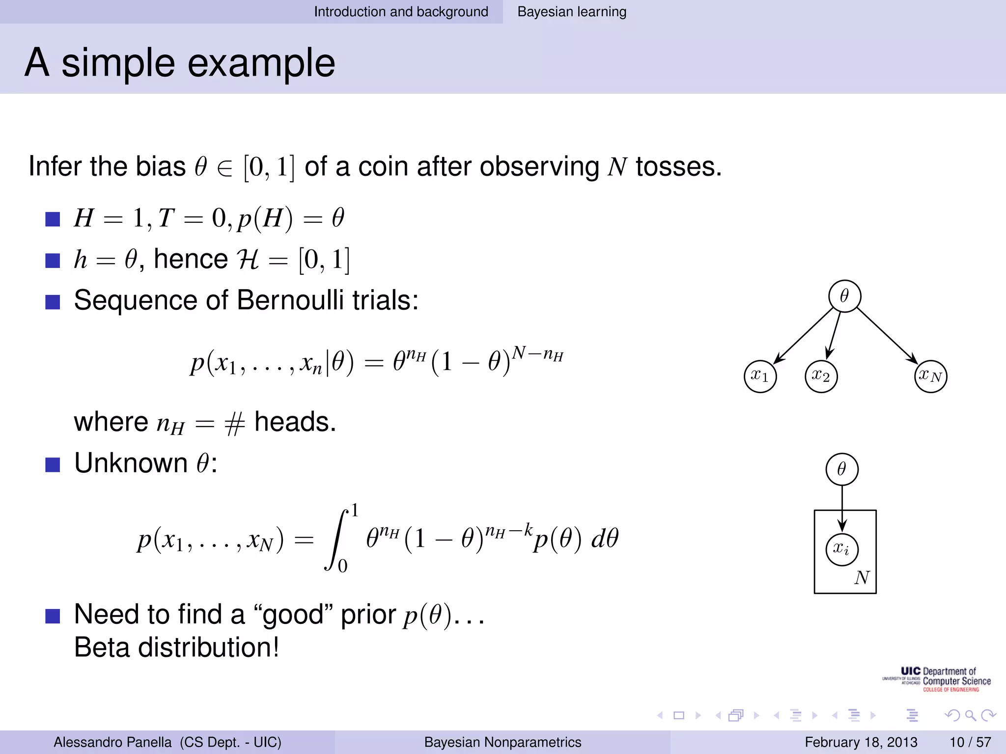 Introduction and background   Bayesian learning



A simple example

Infer the bias θ ∈ [0, 1] of a coin after observing N tosses.
     H = 1, T = 0, p(H) = θ
     h = θ, hence H = [0, 1]
     Sequence of Bernoulli trials:                                                                  θ


                       p(x1 , . . . , xn |θ) = θnH (1 − θ)N−nH                            x1   x2                  xN

     where nH = # heads.
     Unknown θ:                                                                                     θ

                                               1
              p(x1 , . . . , xN ) =                θnH (1 − θ)nH −k p(θ) dθ                         xi
                                           0
                                                                                                         N

     Need to ﬁnd a “good” prior p(θ). . .
     Beta distribution!


  Alessandro Panella (CS Dept. - UIC)                    Bayesian Nonparametrics               February 18, 2013        10 / 57
 