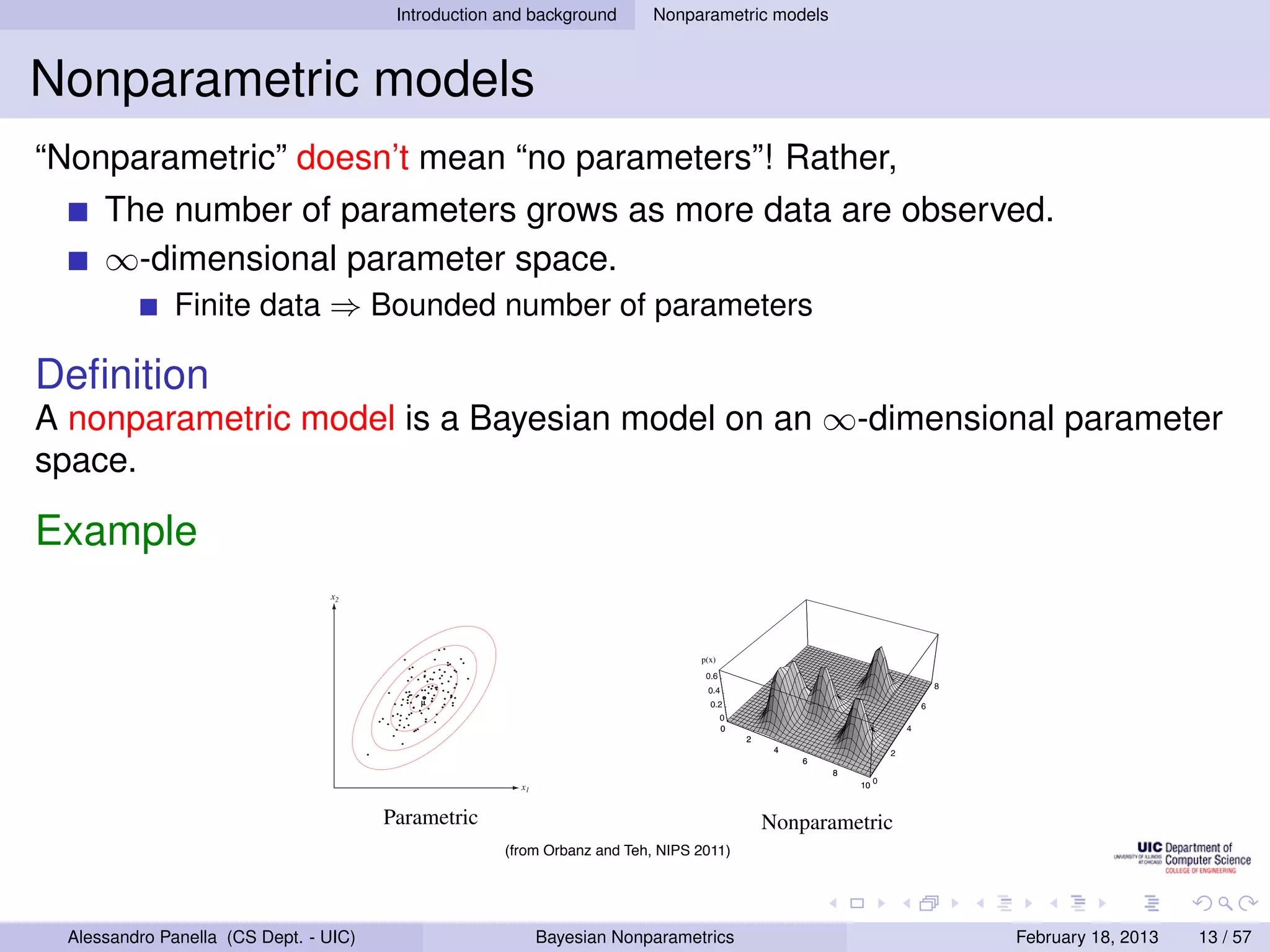 8
                                                          Introduction and background                                                    CHAPTER
                                                                                                                                 Nonparametric models                 4. NONPARAMETRIC TECHNIQUES


Nonparametric models                                                                                                                                     h = .5
                                                                                                                                                                                                                      h = .2
                                                                                                   h=1




“Nonparametric” doesn’t mean “no parameters”! Rather,                                                                                                                                           4

                                                                                                                                      0.6


       The number of parameters grows as more data are observed.
                                                                      0.15
                                                                                                                                                                                                    3


             T ERMINOLOGY                                                 0.1                                                           0.4
                                                                                                                                                                                              δ(x)
                                                                                                                                                                                                        2


       ∞-dimensional parameter space.
                                                                   δ(x)                                                               δ(x)
                                                                                                                                                                                                        1                                              2
                                                                          0.05                                                               0.2                                          2
                                                                                                                                 2
                                                                                                                                                                                                                                                   1



                 Finite Parametric model number of parameters
                                                                                                                             1                                                        1                      0


                        data ⇒ Bounded
                                                                                 0                                                              0
                                                                                                                                                                                                            -2                                 0
                                                                                -2                                       0                     -2                                 0
                                                                                                                                                                                                                 -1
                                                                                     -1                                                             -1
                                                                                                                                                                                                                      0                   -1
                                                                                                                    -1                                                       -1
                                 
                                                                                               0                                                         0
                                       Number of parameters ﬁxed (or constantly bounded) w.r.t. sample size
                                                                                                         1                                                        1
                                                                                                                                                                                                                               1
                                                                                                                                                                                                                                   2 -2
                                                                                                             2 -2                                                     2 -2


Deﬁnition                     Nonparametric model4.3: Examples of two-dimensional circularly symmetric normal Parzen windows
                                            Figure
A nonparametric model is a Bayesiandiﬀerent values of anNote that because the δk (·) are normalized,
                              ϕ(x/h) for three model on h. ∞-dimensional parameter
               Number of parameters grows withscales must be used to show their structure.
                              diﬀerent vertical sample size
space.                                ∞-dimensional parameter space

Example                       Example: Density estimation
                         20                                CHAPTER 2. BAYESIAN DECISION THEORY
                                            x2




                                                                                                                                      p(x)                                                    p(x)
                                                                   p(x)



                                                               µ




                                                                                          x1


                                                          Parametric
                                                                     Figure 4.4: Three Parzen-windowNonparametric
                         Figure 2.9: Samples drawn from a two-dimensional Gaussian lie in a cloud centered on
                         the mean µ. The red ellipses show lines of equal probability density of the Gaussian.     density estimates based on the same set of ﬁve
                    Peter Orbanz  Yee Whye Teh                                   (from Orbanz and window functions in Fig. 4.3. As before, the71vertical axes have
                                                                                                                                              4/
                                        2
                                                                     samples, using the Teh, NIPS 2011)
                           being merely σ times the identity matrix I. Geometrically, this corresponds to the
                           situation in which the samples fall in equal-size hyperspherical to show the structure of each function.
                                                                     been scaled clusters, the cluster
                           for the ith class being centered about the mean vector µ . The computation of the
                                                                                          i
                         determinant and the inverse of Σi is particularly easy: |Σi | = σ 2d and Σ−1 = (1/σ 2 )I.
                                                                                                   i
                         Since both |Σi | and the (d/2) ln 2π term in Eq. 47 are independent of i, they are
  Alessandro Panella (CS Dept.additive constants
                      unimportant - UIC)                                                 Bayesian Nonparametrics
                                                          that can be ignored. Thus we obtain the simple                                                                                                         February 18, 2013                         13 / 57
 
