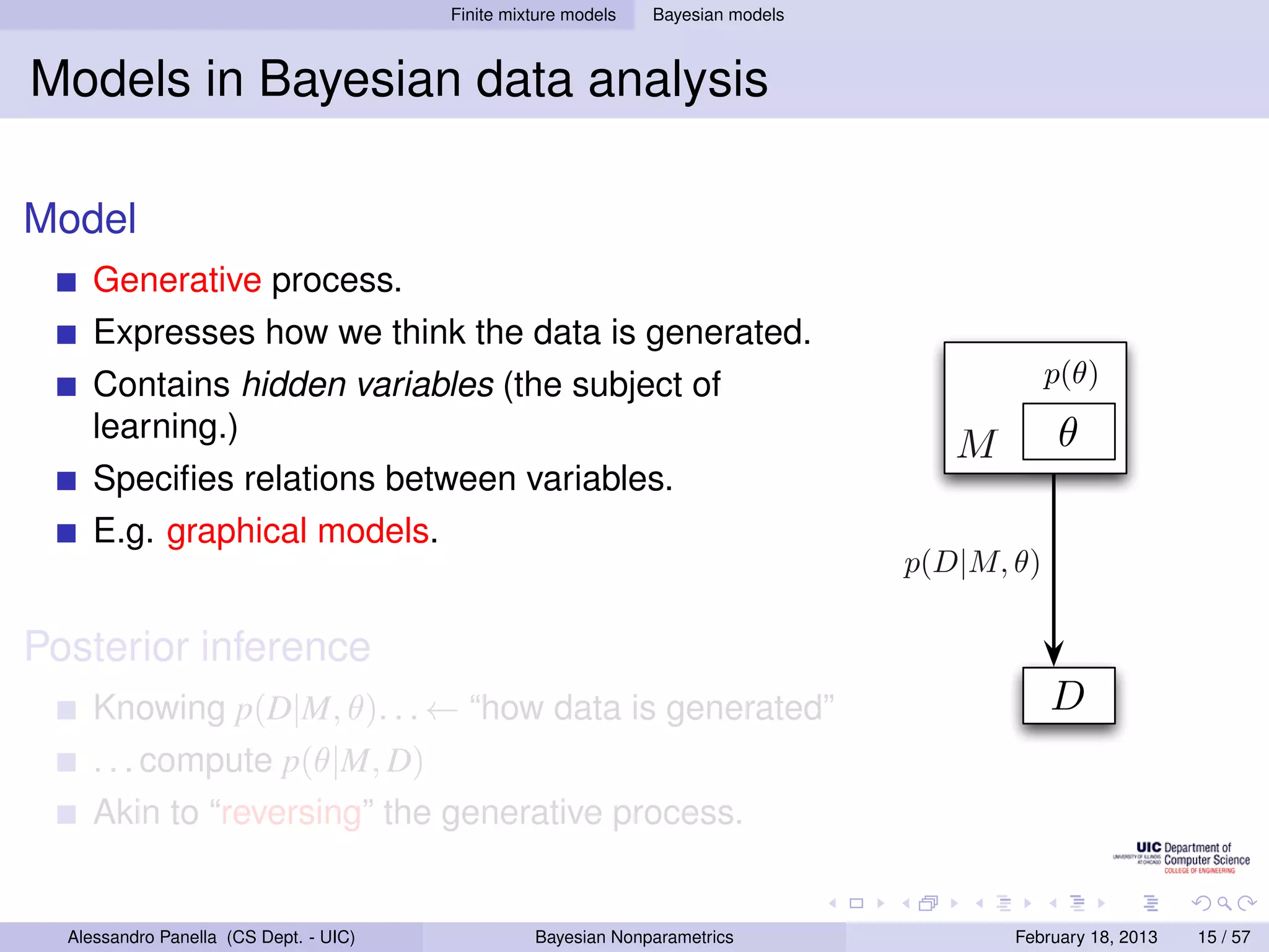 Finite mixture models   Bayesian models



Models in Bayesian data analysis

Model
     Generative process.
     Expresses how we think the data is generated.
     Contains hidden variables (the subject of                                                p(θ)
     learning.)                                                                                θ
                                                                                     M
     Speciﬁes relations between variables.
     E.g. graphical models.
                                                                                  p(D|M, θ)

Posterior inference
     Knowing p(D|M, θ). . . ← “how data is generated”                                         D
     . . . compute p(θ|M, D)
     Akin to “reversing” the generative process.


  Alessandro Panella (CS Dept. - UIC)             Bayesian Nonparametrics                February 18, 2013   15 / 57
 