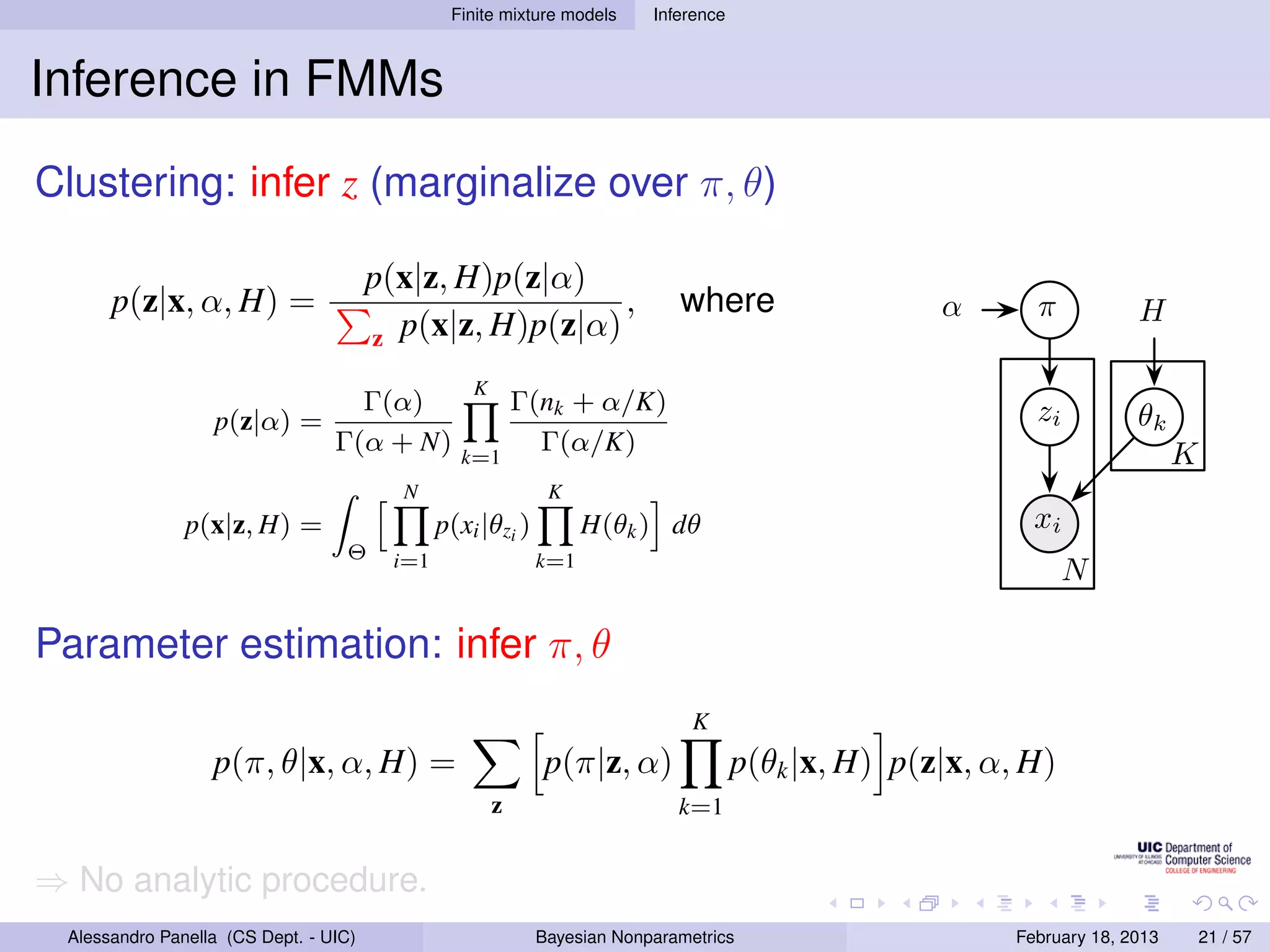 Finite mixture models     Inference



Inference in FMMs
Clustering: infer z (marginalize over π, θ)

                                       p(x|z, H)p(z|α)
      p(z|x, α, H) =                                     ,                   where                   α       π           H
                                       z p(x|z, H)p(z|α)

                                                   K
                                   Γ(α)                    Γ(nk + α/K)                                       zi
                  p(z|α) =                                                                                               θk
                                 Γ(α + N)        k=1
                                                             Γ(α/K)                                                            K
                                         N                    K
               p(x|z, H) =                     p(xi |θzi )         H(θk ) dθ                                 xi
                                  Θ      i=1                 k=1
                                                                                                                  N

Parameter estimation: infer π, θ
                                                                               K
                  p(π, θ|x, α, H) =                          p(π|z, α)                p(θk |x, H) p(z|x, α, H)
                                                       z                     k=1


⇒ No analytic procedure.
 Alessandro Panella (CS Dept. - UIC)                         Bayesian Nonparametrics                       February 18, 2013       21 / 57
 