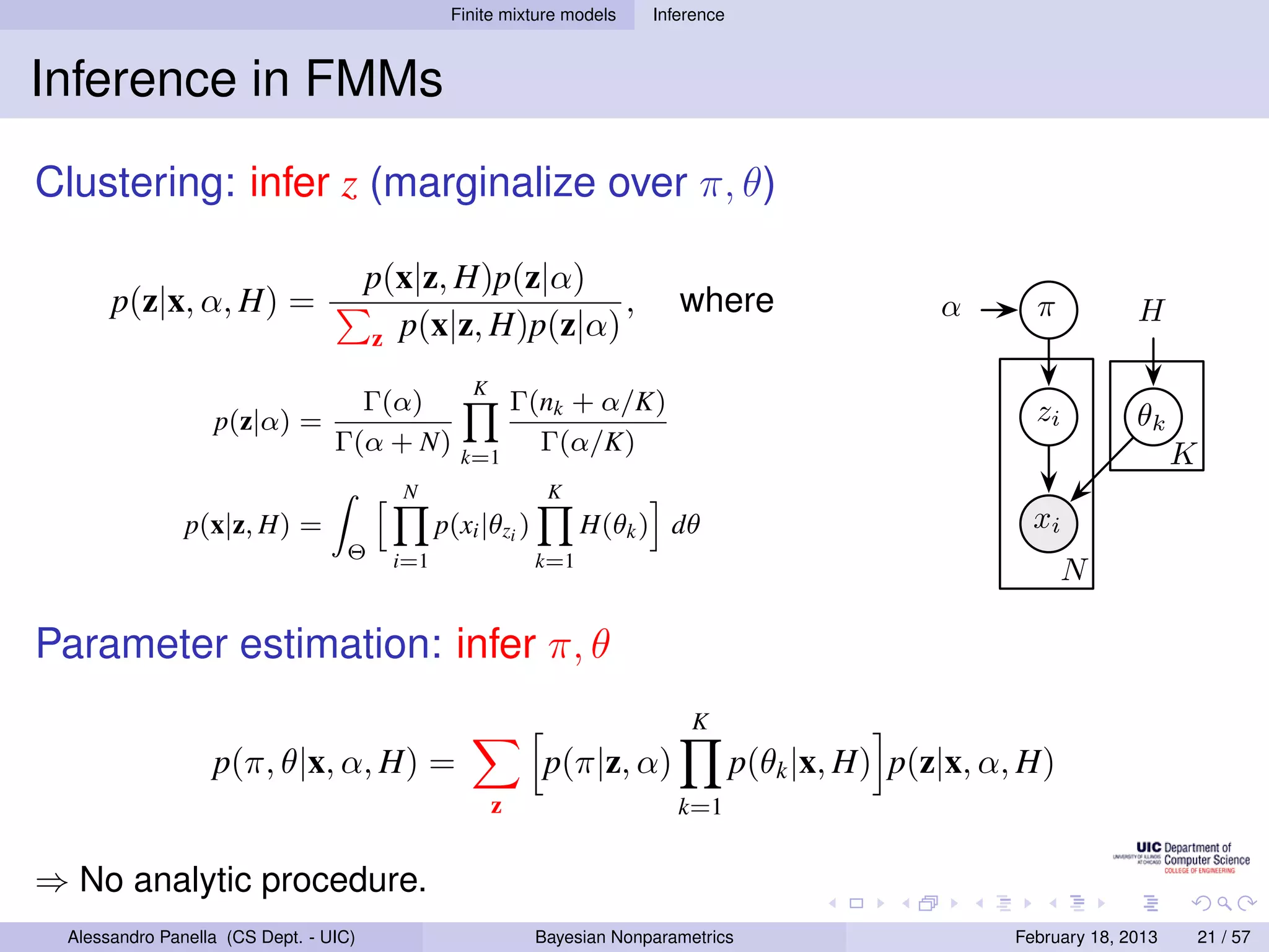Finite mixture models     Inference



Inference in FMMs
Clustering: infer z (marginalize over π, θ)

                                       p(x|z, H)p(z|α)
      p(z|x, α, H) =                                     ,                   where                   α       π           H
                                       z p(x|z, H)p(z|α)

                                                   K
                                   Γ(α)                    Γ(nk + α/K)                                       zi
                  p(z|α) =                                                                                               θk
                                 Γ(α + N)        k=1
                                                             Γ(α/K)                                                            K
                                         N                    K
               p(x|z, H) =                     p(xi |θzi )         H(θk ) dθ                                 xi
                                  Θ      i=1                 k=1
                                                                                                                  N

Parameter estimation: infer π, θ
                                                                               K
                  p(π, θ|x, α, H) =                          p(π|z, α)                p(θk |x, H) p(z|x, α, H)
                                                       z                     k=1


⇒ No analytic procedure.
 Alessandro Panella (CS Dept. - UIC)                         Bayesian Nonparametrics                       February 18, 2013       21 / 57
 