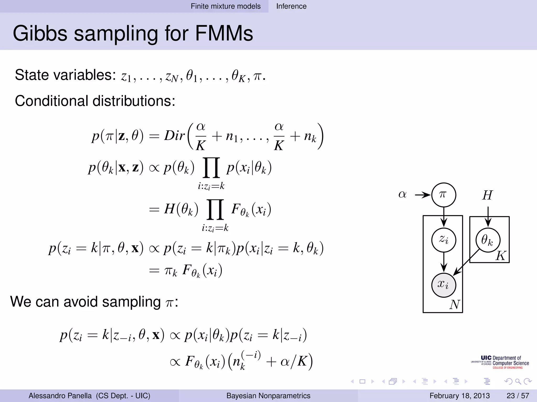 Finite mixture models     Inference



Gibbs sampling for FMMs
State variables: z1 , . . . , zN , θ1 , . . . , θK , π.
Conditional distributions:
                                         α               α
                     p(π|z, θ) = Dir       + n1 , . . . , + nk
                                         K               K
                    p(θk |x, z) ∝ p(θk )     p(xi |θk )
                                              i:zi =k
                                                                                  α     π           H
                                     = H(θk )             Fθk (xi )
                                                i:zi =k
                                                                                        zi          θk
        p(zi = k|π, θ, x) ∝ p(zi = k|πk )p(xi |zi = k, θk )
                                                                                                          K
                                     = πk Fθk (xi )
                                                                                        xi
We can avoid sampling π:                                                                     N

            p(zi = k|z−i , θ, x) ∝ p(xi |θk )p(zi = k|z−i )
                                                            (−i)
                                         ∝ Fθk (xi ) nk             + α/K

   Alessandro Panella (CS Dept. - UIC)                  Bayesian Nonparametrics       February 18, 2013       23 / 57
 