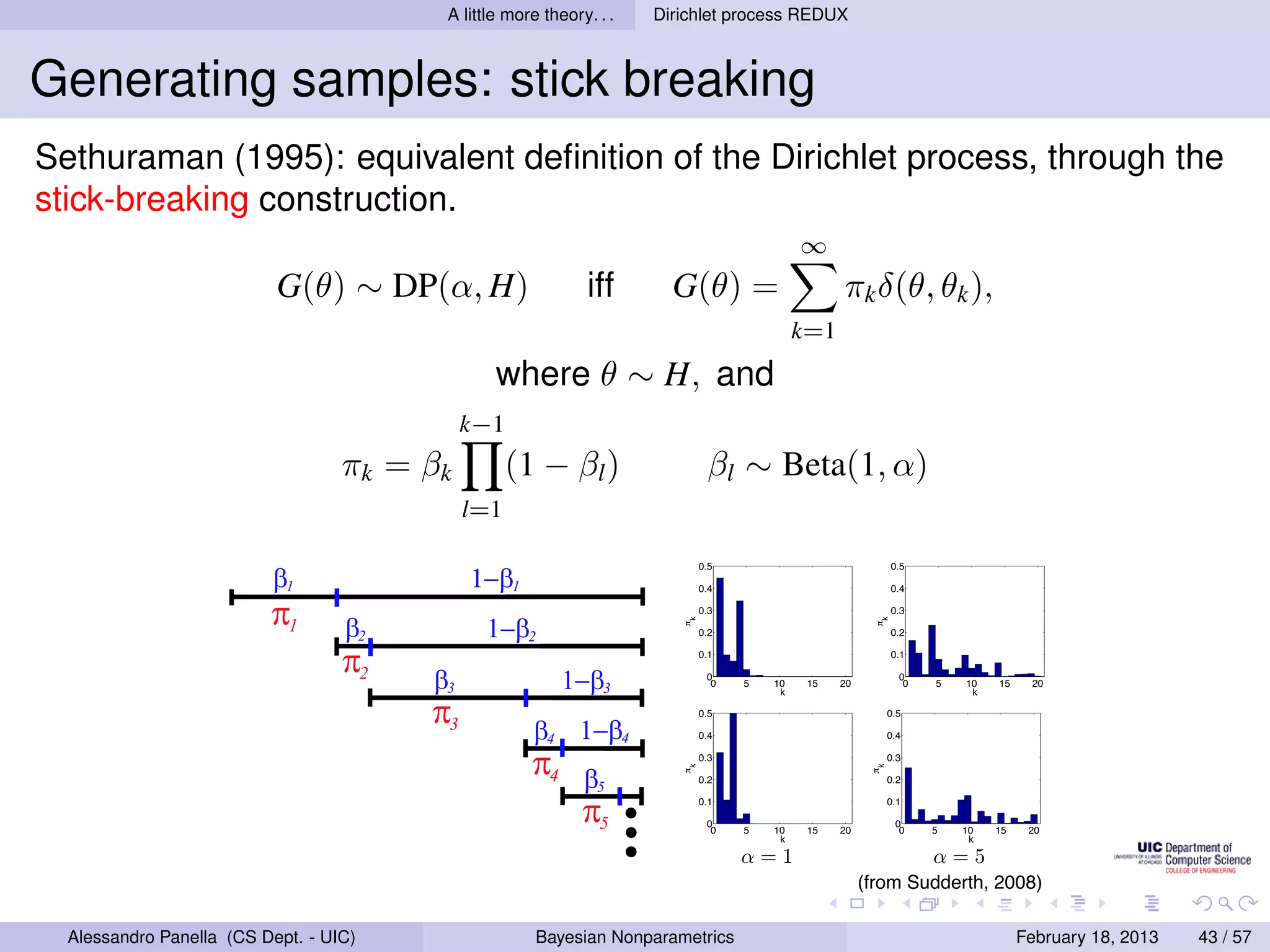 A little more theory. . .   Dirichlet process REDUX



Generating samples: stick breaking
Sethuraman (1995): equivalent deﬁnition of the Dirichlet process, through the
stick-breaking construction.
                                                                                                       ∞
                           G(θ) ∼ DP(α, H)                              iff       G(θ) =                     πk δ(θ, θk ),
                                                                                                       k=1
                                                           where θ ∼ H, and
                                                     k−1
                                    π k = βk                (1 − βl )                    βl ∼ Beta(1, α)
                    Sec. 2.5. Dirichlet Processes     l=1                                                                                        101

                                                                                        0.5                           0.5
                           β1                          1−β1                             0.4                           0.4


                           π1                                                           0.3                           0.3




                                                                                    k




                                                                                                                  k
                                     β2                  1−β2
                                                                                   !




                                                                                                                  !
                                                                                        0.2                           0.2


                                    π2          β3                   1−β3
                                                                                        0.1

                                                                                         0
                                                                                          0   5   10    15   20
                                                                                                                      0.1

                                                                                                                        0
                                                                                                                         0   5   10   15    20
                                                                                                   k                              k

                                                π3              β4 1−β4
                                                                                        0.5

                                                                                        0.4
                                                                                                                      0.5

                                                                                                                      0.4


                                                                π4                      0.3                           0.3
                                                                                    k




                                                                                                                  k
                                                                                   !




                                                                                                                  !
                                                                        β5              0.2                           0.2


                                                                        π5              0.1

                                                                                         0
                                                                                          0   5   10    15   20
                                                                                                                      0.1

                                                                                                                       0
                                                                                                                        0    5   10   15    20
                                                                                                   k                              k

                                                                                              α=1                            α=5
                                                                                                (from Sudderth, 2008)
                    Figure 2.22. Sequential stick–breaking construction of the inﬁnite set of mixture weights π ∼ GEM(α)
                    corresponding to a measure G ∼ DP(α, H). Left: The ﬁrst weight π1 ∼ Beta(1, α). Each subsequent
  Alessandro Panella (CS Dept. - UIC)                            Bayesian Nonparametrics                                                   February 18, 2013   43 / 57
 