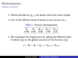 Multiresolution
Inﬂation in the U.S.
Details provided by dj0+3 are deeper and much more variable
Part of the diﬀerent levels of details in the variance of y:
Table 1: Variance decomposition
Sj0 dj0 dj0+1 dj0+2 dj0+3
0.46 0.03 0.06 0.09 0.21
We recompose the original serie by adding the diﬀerent levels
of details (dj ) to the global curvature of the function (Sj0 )
y = Sj0 + dj0 + dj0+1 + dj0+2 + dj0+3
Emmanuel Flachaire Non-Parametric Econometrics
 