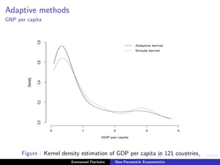 Adaptive methods
GNP per capita
0 1 2 3 4
0.00.20.40.60.8
GDP per capita
Density
Adaptive kernel
Simple kernel
Figure : Kernel density estimation of GDP per capita in 121 countries
Emmanuel Flachaire Non-Parametric Econometrics
 