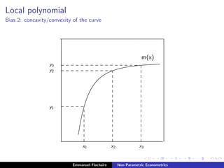 Local polynomial
Bias 2: concavity/convexity of the curve
.........................................................................................................................................................................................................................................................................................................................................................................................................................................................................................................................................
...................................................................................................................................................................................................................................................................................................................................................................................................
x1 x2 x3
................................................................................................................................................................................................................................................................................................................................................................
y1
y2
y3
........................................................................................................................................................................................................................................................................................................................................................................................................................................................................................................................................................................................................................................................................................................................................................................................................................................................................................................................................................................................................................................................................................................................................................................................................................................................................................................................................................................................................................................................................................................................................................................................................................................................................................................................................
m(x)
...........
...........
...........
...........
...........
...........
...........
............. ........... ........... ........... ...........
...........
...........
...........
...........
...........
...........
...........
...........
...........
...........
...........
...........
...........
...........
.................... ........... ........... ........... ........... ........... ........... ........... ........... ........... .........
...........
...........
...........
...........
...........
...........
...........
...........
...........
...........
...........
...........
...........
...........
...........
...................... ........... ........... ........... ........... ........... ........... ........... ........... ........... ........... ........... ........... ........... ........... ........... .....
Emmanuel Flachaire Non-Parametric Econometrics
 