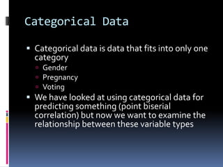 Categorical DataCategorical data is data that fits into only one categoryGenderPregnancyVotingWe have looked at using categorical data for predicting something (point biserial correlation) but now we want to examine the relationship between these variable types