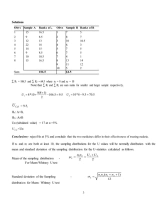 3
Solutions
Obvs Sample A Ranks of A Obvs Sample B Ranks of B
1 15 16.5 1 7 5
2 9 8.5 2 8 7
3 12 13 3 10 10.5
4 22 18 4 6 3
5 14 15 5 7 5
6 9 8.5 6 7 5
7 10 10.5 7 4 1
8 15 16.5 8 13 14
9 11 12
10 5 2
Sum 106.5 64.5
∑ R1 = 106.5 and ∑ R2 = 64.5 where n1 = 8 and n2 = 10
Note that ∑ R1 and ∑ R2 are sum ranks for smaller and larger sample respectively.
1
8(8 1)
8*10 106.5 9.5
2
U

    2 10*8 9.5 70.5U   
CalU = 9.5,
Ho: A=B,
HA: A≠B
Uα (tabulated value) = 17 at α =5%
CalU <Uα
Conclusion:- reject Ho at 5% and conclude that the two medicines differ in their effectiveness of treating malaria.
If n1 and n2 are both at least 10, the sampling distributions for the U values will be normally distribution with the
mean and standard deviation of the sampling distribution for the U-statistics calculated as follows.
Mean of the sampling distribution -
1 2 1 2
2 2
u
n n U U


 
For Mann-Whitney U test
Standard deviation of the Sampling - 1 2 1 2( 1)
12
u
n n n n

 

distribution for Mann- Whitney U test
 