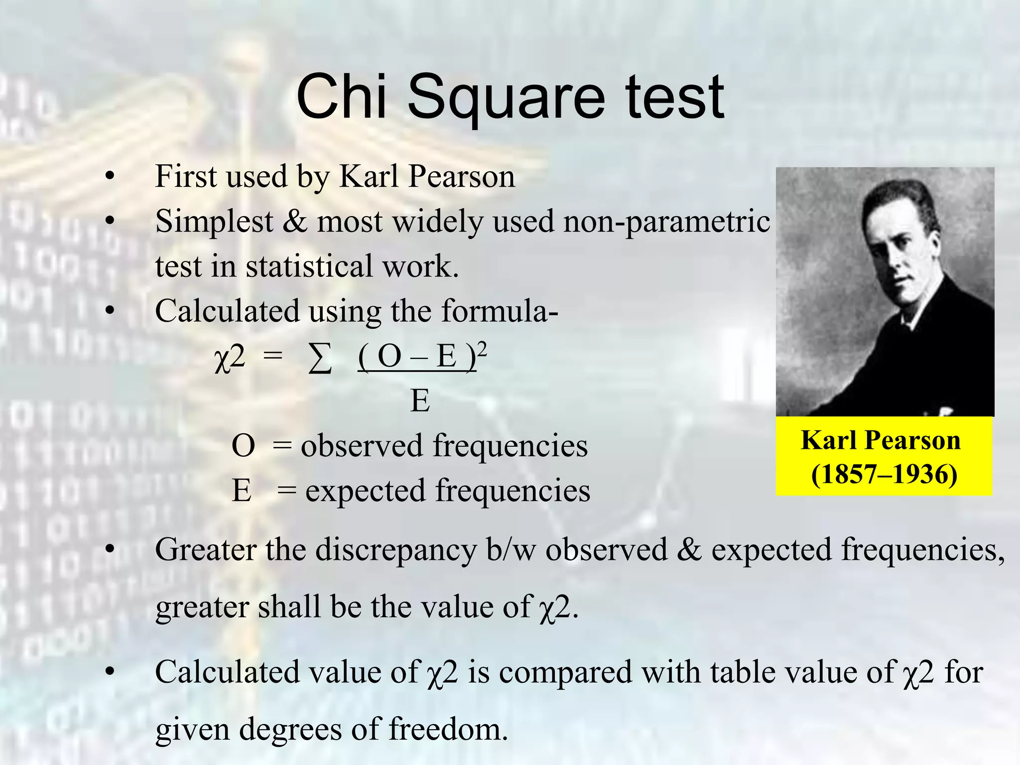 Chi Square test
• First used by Karl Pearson
• Simplest & most widely used non-parametric
test in statistical work.
• Calculated using the formula-
χ2 = ∑ ( O – E )2
E
O = observed frequencies
E = expected frequencies
• Greater the discrepancy b/w observed & expected frequencies,
greater shall be the value of χ2.
• Calculated value of χ2 is compared with table value of χ2 for
given degrees of freedom.
Karl Pearson
(1857–1936)
 