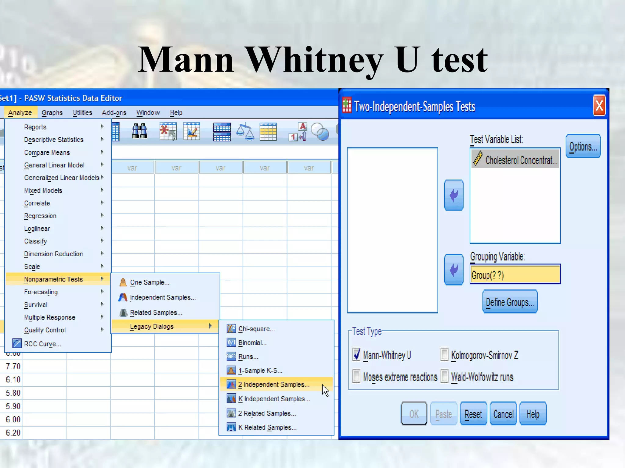 Mann Whitney U test
• Mann whitney U
 