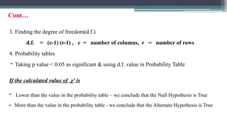 3. Finding the degree of freedom(d.f.)
d.f. = (c-1) (r-1) , c = number of columns, r = number of rows
4. Probability tables
Taking p value < 0.05 as significant & using d.f. value in Probability Table
If the calculated value of χ² is
Lower than the value in the probability table – we conclude that the Null Hypothesis is True
More than the value in the probability table - we conclude that the Alternate Hypothesis is True
Cont…
 