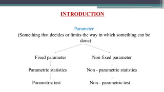 INTRODUCTION
Parameter
(Something that decides or limits the way in which something can be
done)
Fixed parameter Non fixed parameter
Parametric statistics Non - parametric statistics
Parametric test Non - parametric test
 