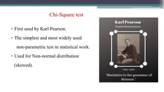 Chi-Square test
• First used by Karl Pearson.
• The simplest and most widely used
non-parametric test in statistical work.
• Used for Non-normal distribution
(skewed).
 
