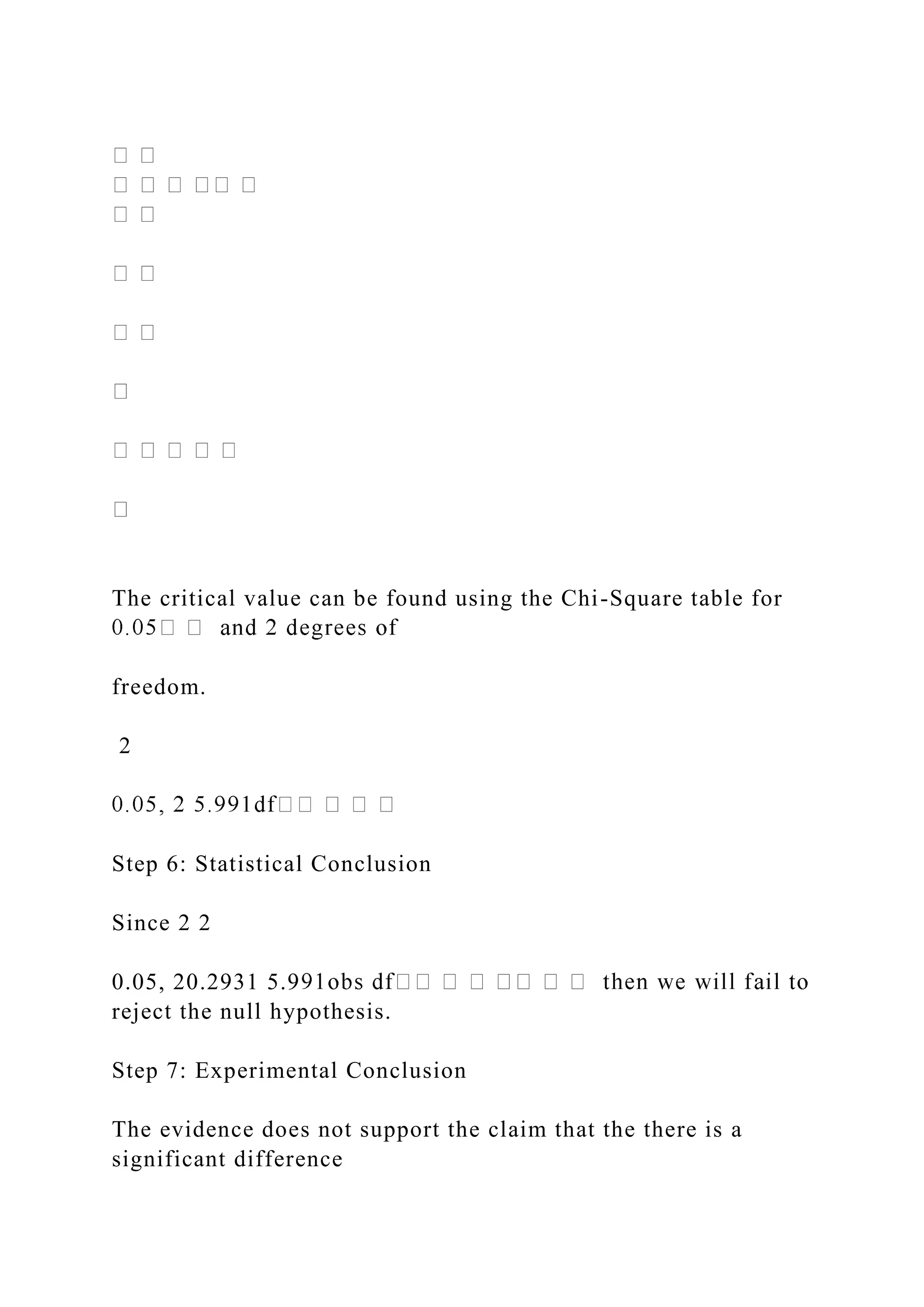 The critical value can be found using the Chi-Square table for
freedom.
2
Step 6: Statistical Conclusion
Since 2 2
0.05, 20.2931 5.9
reject the null hypothesis.
Step 7: Experimental Conclusion
The evidence does not support the claim that the there is a
significant difference
 
