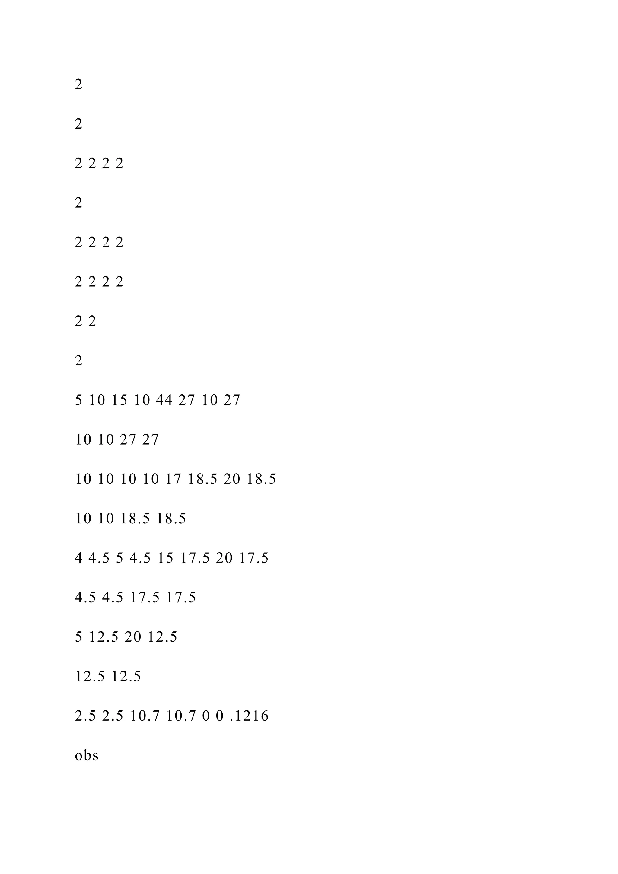 2
2
2 2 2 2
2
2 2 2 2
2 2 2 2
2 2
2
5 10 15 10 44 27 10 27
10 10 27 27
10 10 10 10 17 18.5 20 18.5
10 10 18.5 18.5
4 4.5 5 4.5 15 17.5 20 17.5
4.5 4.5 17.5 17.5
5 12.5 20 12.5
12.5 12.5
2.5 2.5 10.7 10.7 0 0 .1216
obs
 